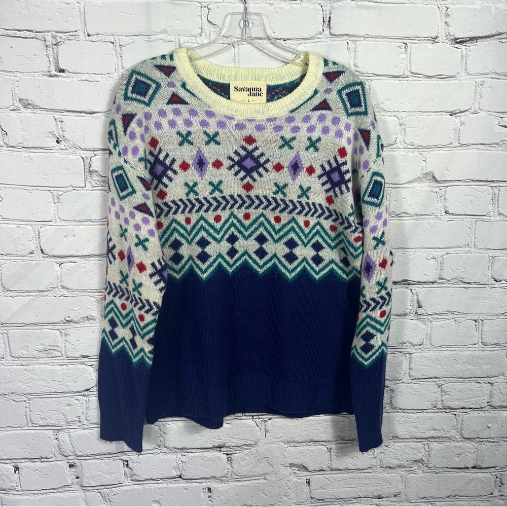 Women's Savanna Jane Multi Color Winter Geometric Print Sweater Size L (A14)